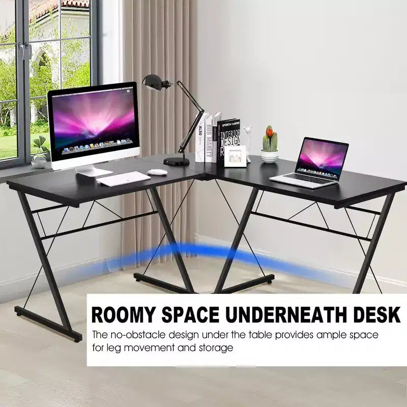 Scrivania per computer e workstation studio a L da 150 cm, marrone e nero, salvaspazio ad angolo