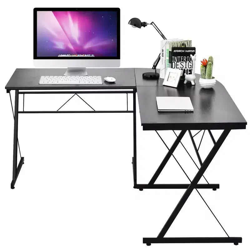 Scrivania per computer e workstation studio a L da 150 cm, marrone e nero, salvaspazio ad angolo