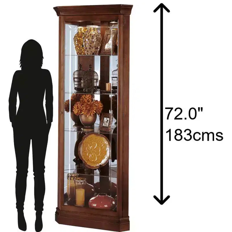 Vetrinetta Illuminata, Legno Duro Windsor Cherry, 183 cm H, 4 Ripiani in Vetro e Anta in Vetro