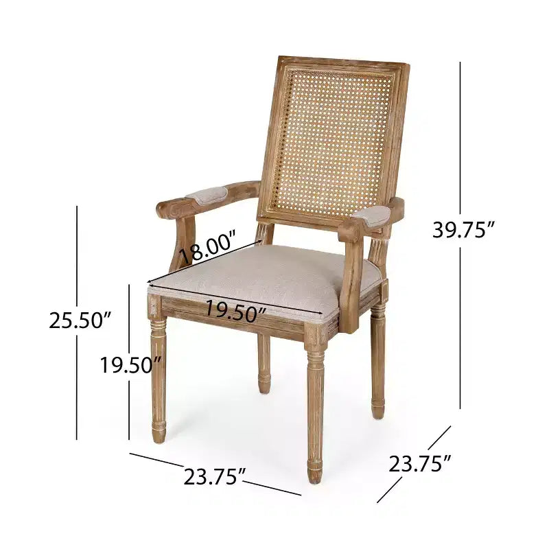 Set of 2 French Country Wood & Cane Upholstered Dining Chairs, Natural & Beige