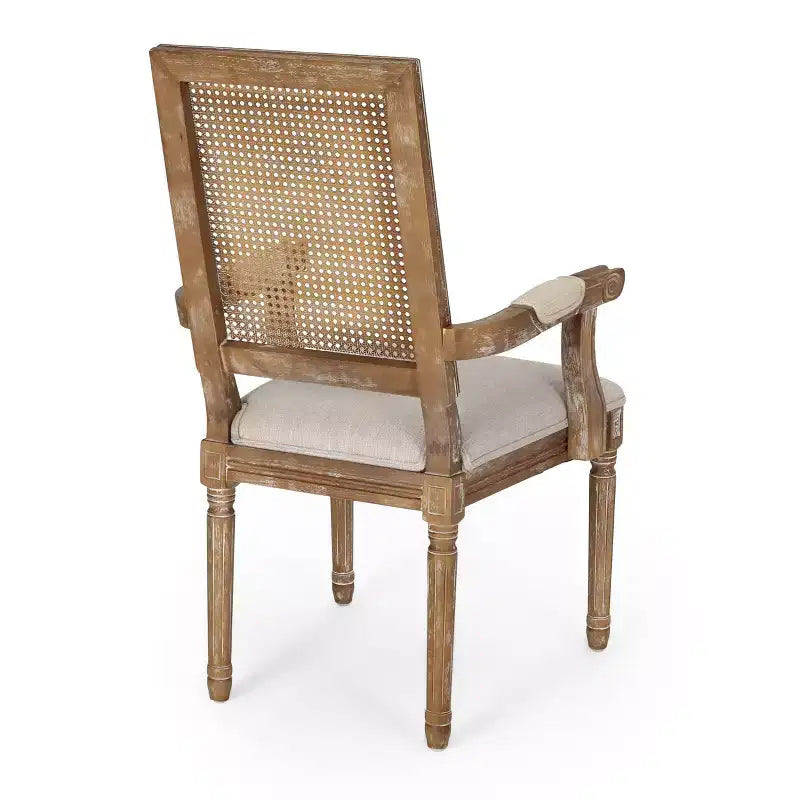 Set of 2 French Country Wood & Cane Upholstered Dining Chairs, Natural & Beige