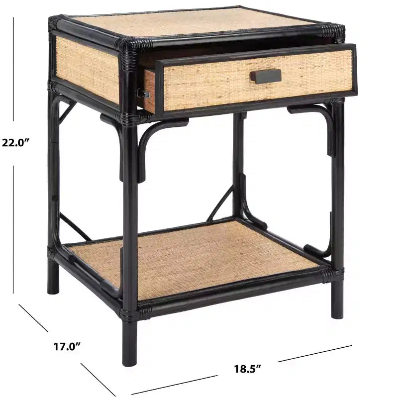 Comodino in legno e rattan con 1 cassetto e 1 ripiano aperto, stile coloniale britannico, 50 kg