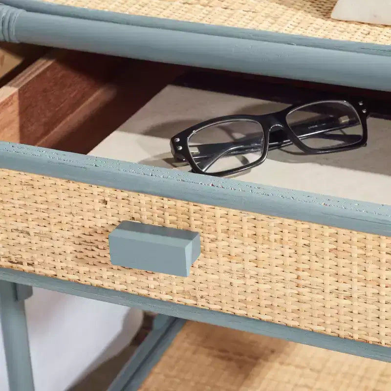 Comodino in legno e rattan con 1 cassetto e 1 ripiano aperto, stile coloniale britannico, 50 kg