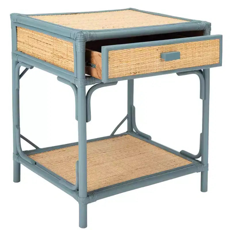Comodino in legno e rattan con 1 cassetto e 1 ripiano aperto, stile coloniale britannico, 50 kg