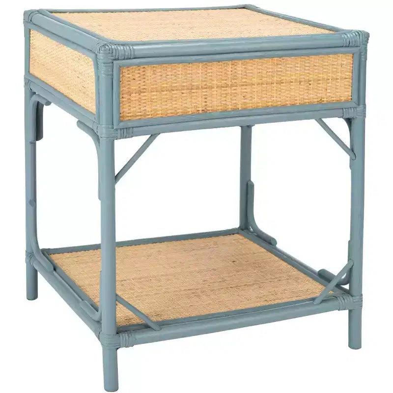 Comodino in legno e rattan con 1 cassetto e 1 ripiano aperto, stile coloniale britannico, 50 kg