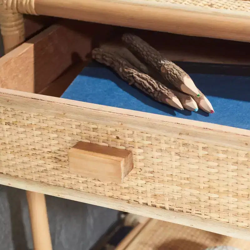 Comodino in legno e rattan con 1 cassetto e 1 ripiano aperto, stile coloniale britannico, 50 kg