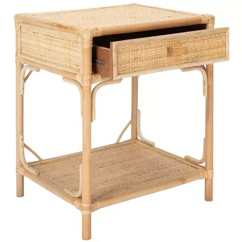 Comodino in legno e rattan con 1 cassetto e 1 ripiano aperto, stile coloniale britannico, 50 kg