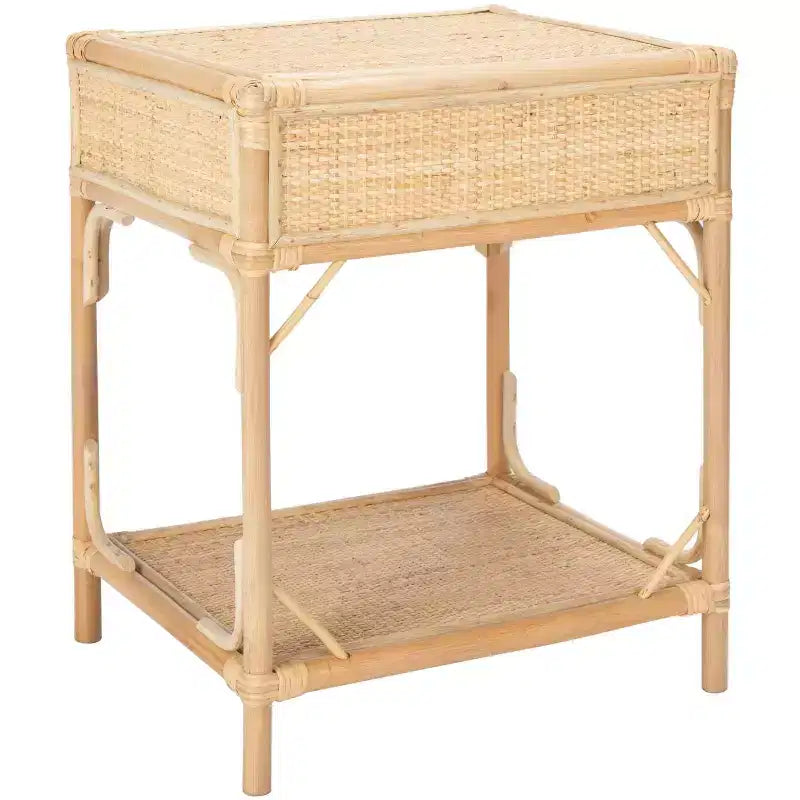 Comodino in legno e rattan con 1 cassetto e 1 ripiano aperto, stile coloniale britannico, 50 kg