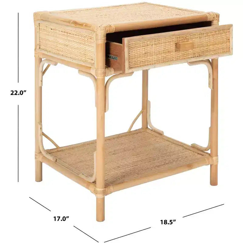 Comodino in legno e rattan con 1 cassetto e 1 ripiano aperto, stile coloniale britannico, 50 kg