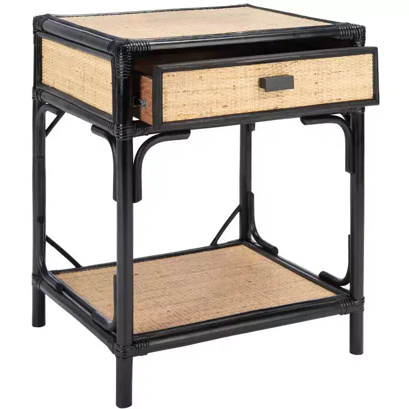 Comodino in legno e rattan con 1 cassetto e 1 ripiano aperto, stile coloniale britannico, 50 kg