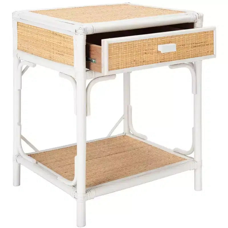 Comodino in legno e rattan con 1 cassetto e 1 ripiano aperto, stile coloniale britannico, 50 kg