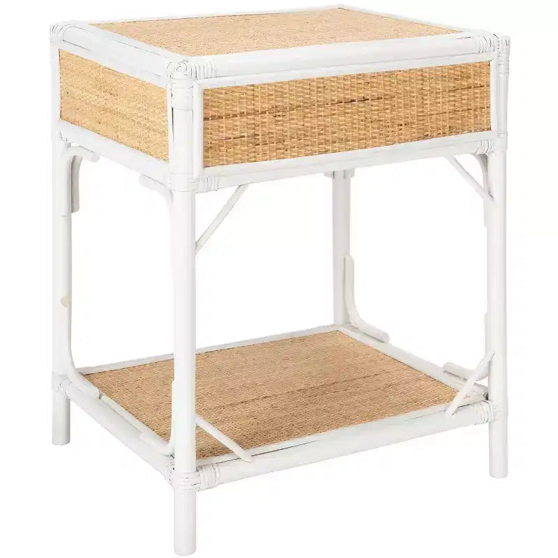 Comodino in legno e rattan con 1 cassetto e 1 ripiano aperto, stile coloniale britannico, 50 kg