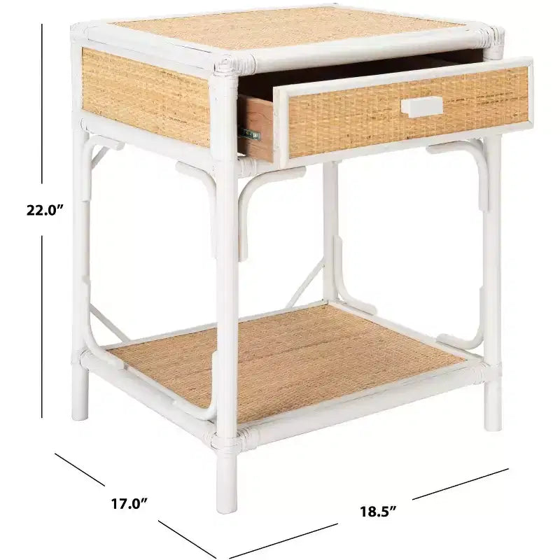 Comodino in legno e rattan con 1 cassetto e 1 ripiano aperto, stile coloniale britannico, 50 kg