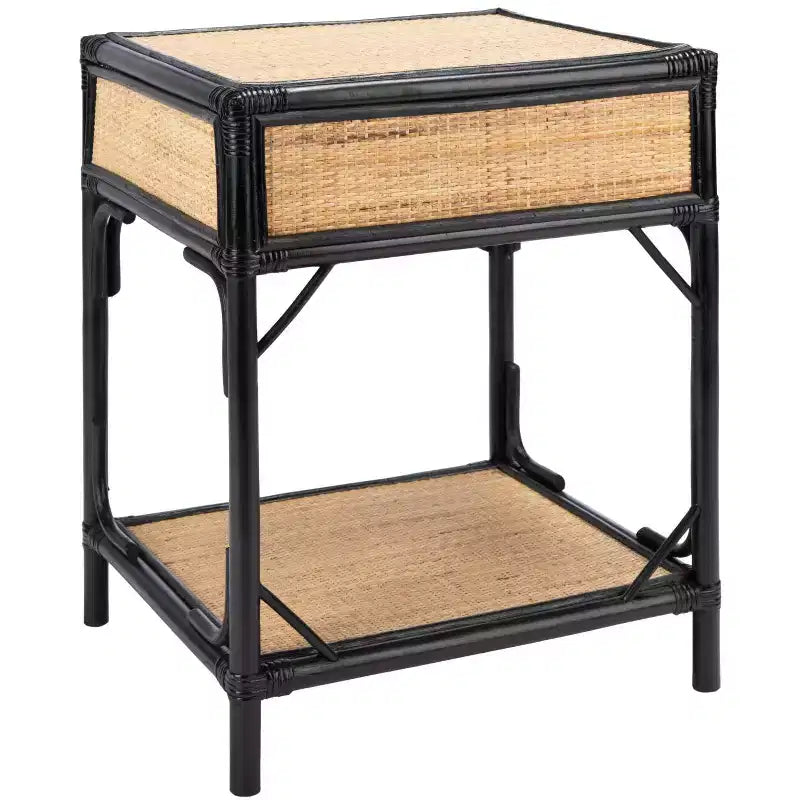 Comodino in legno e rattan con 1 cassetto e 1 ripiano aperto, stile coloniale britannico, 50 kg