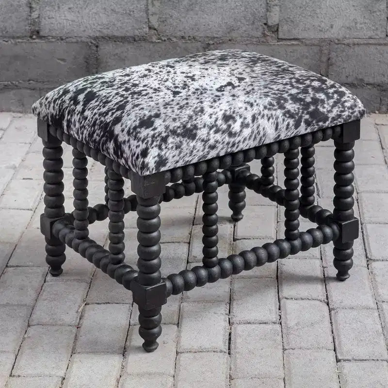 Panca piccola stile rustico, effetto pelliccia bovina grigio e bianco, base in mogano massiccio, 22,5" L