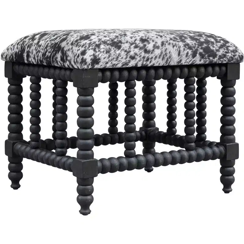 Panca piccola stile rustico, effetto pelliccia bovina grigio e bianco, base in mogano massiccio, 22,5" L