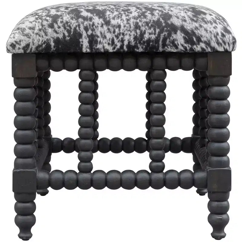 Panca piccola stile rustico, effetto pelliccia bovina grigio e bianco, base in mogano massiccio, 22,5" L