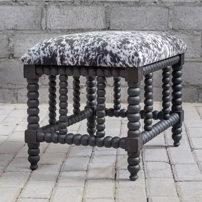 Panca piccola stile rustico, effetto pelliccia bovina grigio e bianco, base in mogano massiccio, 22,5" L