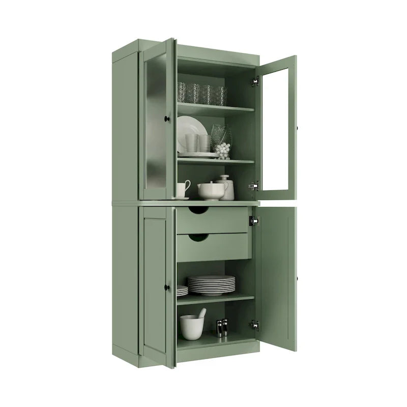 Mobile Dispensa in Legno Massello al 100% con Ante in Vetro Satinato, Ante Piene, 2 Cassetti e Ripiani Regolabili